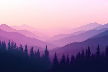 Obraz premium Capture Forest Silhouettes against Pastel Sky, Serene Layers of Mountains and Evergreen Trees in Nature