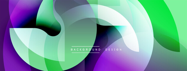 Abstract fluid shapes overlap, creating vibrant gradients. Purple, green, gray tones blend seamlessly. Modern design element.