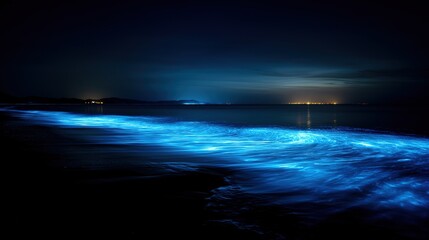 Fototapeta premium Bioluminescent waves glow electric blue under night sky, a mystical marine wonder