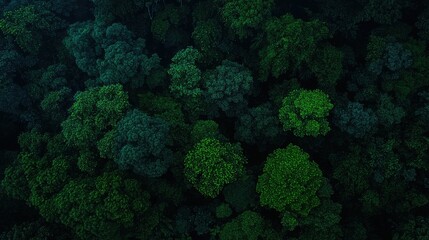 Overhead photograph of verdant green treetops and forest canopy