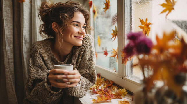 Autumn day portrait of cheerful woman enjoying coffee, leaves scattered on windowsill, wearing knitted sweater, peaceful indoor vibe - Powered by Adobe