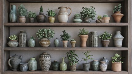 Shelves filled with plants and ceramic decor.
