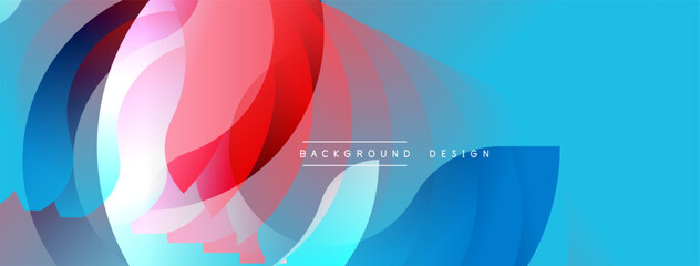 Abstract dynamic shapes overlap. Vibrant colors blend, creating modern background. Blue dominates, accented by red, purple hues.