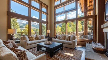 Living room with large windows and cozy seating area.