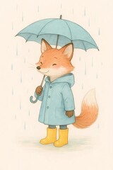 A charming anthropomorphic fox standing in a gentle spring rain, wearing a light blue raincoat and bright yellow rain boots, holding a teal umbrella above its head - painted in delicate pen-and-waterc