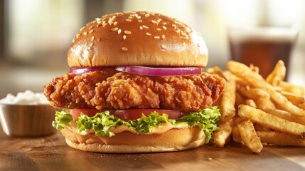 Crispy fried chicken sandwich close up on wooden board with fries and drink at restaurant table side view