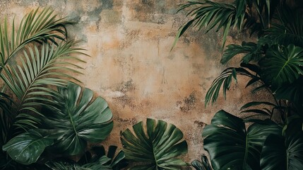 Dark green tropical leaves in front of a rustic wall.
