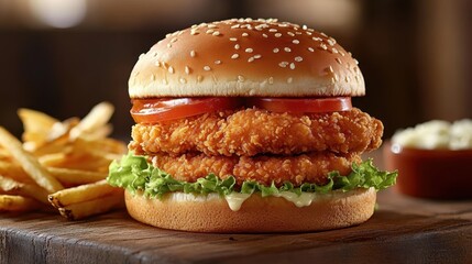 Delicious double crispy chicken burger with fries on a wooden board studio shot close up perfect for food photography