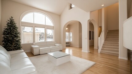 Fototapeta premium A spacious living room featuring large windows and a Christmas tree