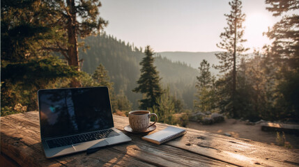 Digital nomad at outdoor table with coffee and laptop, surrounded by pine forest and mountains, soft morning light