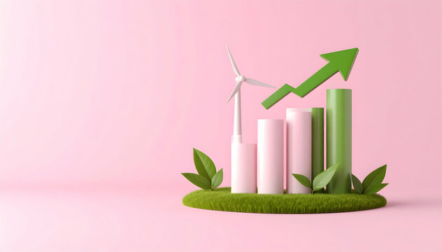 Sustainable Finance Metrics 3D Visualization Featuring Layered Columns Wind Turbine and an Upward Green Arrow Graph on a Pink Background