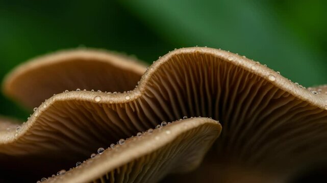 Macro photo of mushroom gills covered in dew drops, showcasing nature's beauty.