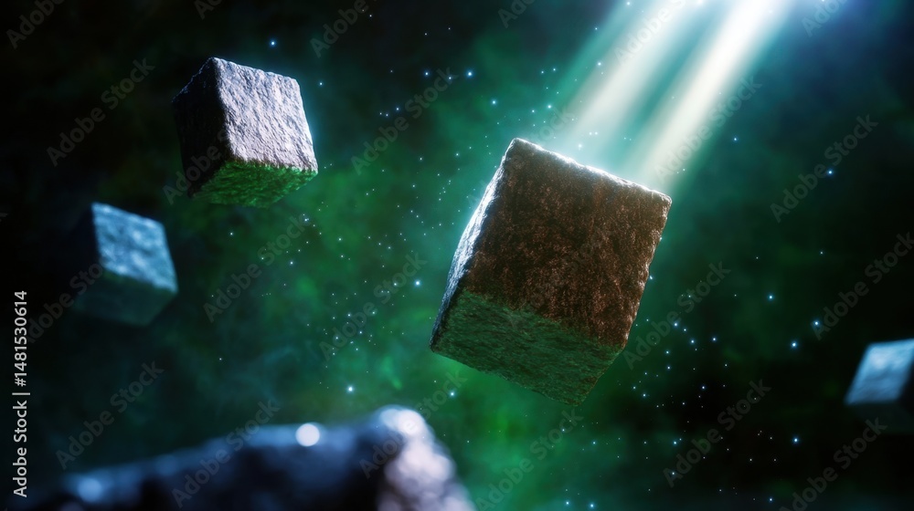 Poster matrix-style futuristic scene with floating cubes and light beams in digital darkness