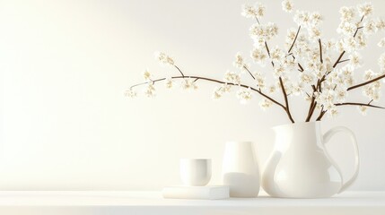 A collection of white vases with flowers in a minimalistic display
