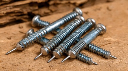 Close up of Metallic Screws on Weathered Wood