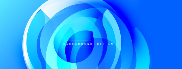 Abstract blue background features concentric circles, gradients, dynamic shapes. Modern design evokes energy, technology, innovation.