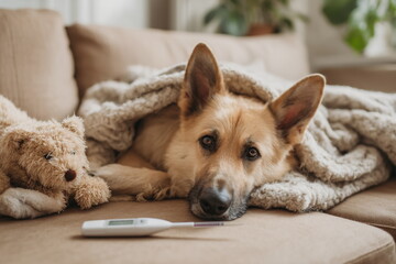 A sick puppy rests on a cozy sofa, snuggled between plush blankets and a favorite stuffed toy. With a thermometer nearby, the image highlights gentle home care and emotional comfort for pets.








