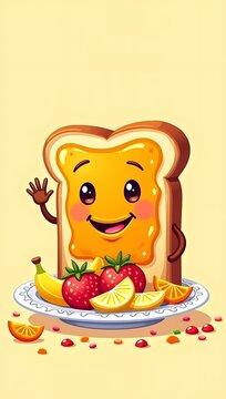 Naklejki A cheeky slice of toast with a jam smiley face and waving hand, standing on a breakfast plate surrounded by fruit in a flat cartoon illustration style.  