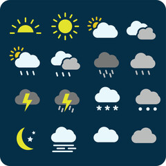 Colorful flat weather icons set on a dark background showing sun, clouds, rain, snow, thunder, and night symbols for forecast, climate, or app UI design.