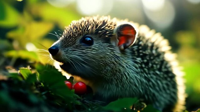 Cute wildlife hedgehog animal with spiny bristle on brown grass in nature