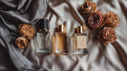Minimal Flat Lay of Perfume Bottles with Dried Roses on Silk