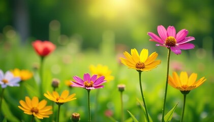 Vibrant wildflowers in lush green meadow, sunlit , environment, countryside, vibrant colors