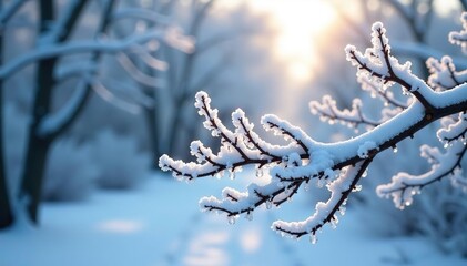 Icy branches laden with snow, winter wonderland scene January frost, nature's beauty , texture, quiet