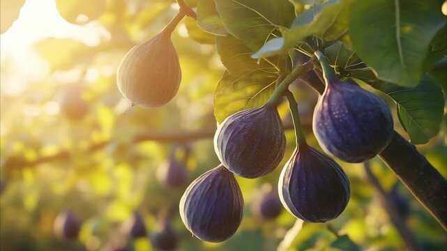 Fig tree with delicious figs hanging from its branches. 4k video