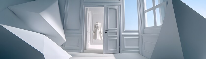 A grand hallway lined with doors that open to infinite spaces, optical illusion, dreamlike perspective, cinematic lighting, ultra-high detail, surreal composition