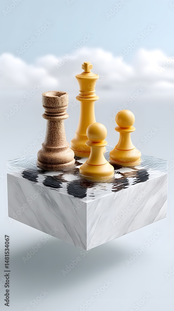 Poster a chessboard floating on an endless ocean, pieces moving by themselves, deep reflections, hyper-deta