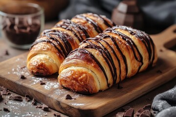 Close up of chocolate croissants on wooden board studio shot food photography delicious pastry breakfast snack
