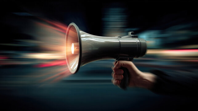 High-detail image of hand and megaphone in motion blur, conveying action, urgency, and dynamic sales activation