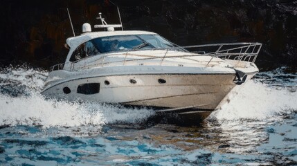 Luxury Yacht Speeding on Water   Ocean Motorboat  Fast Boat