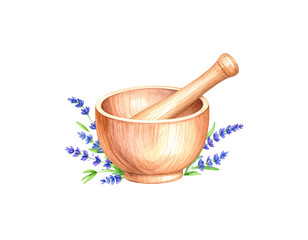 Wooden mortar and pestle isolated on white background
