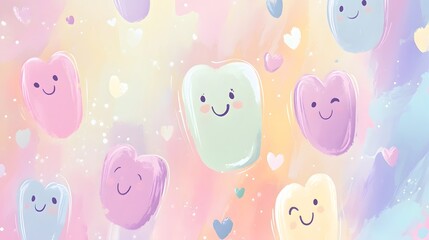 Cheerful teeth illustrations on a pastel background.