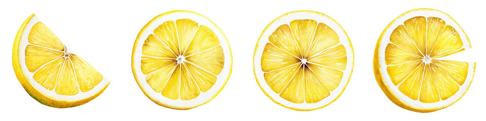 Fresh, vibrant lemon slices arranged artistically, showcasing their bright yellow color and zesty appeal, perfect for culinary illustrations, food blogs, and beverage promotions