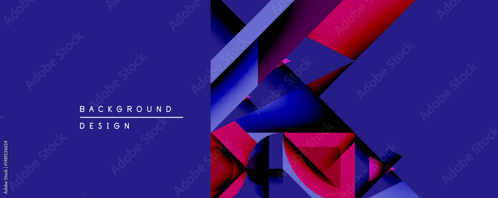 Poster abstract geometric shapes overlap, creating vibrant color contrast. dark blue dominates background, 