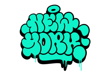Graffiti throw-up “New York” with bold bubble letters and thick outlines on white background. Urban handstyle with fast, expressive form. Great for streetwear, posters, or digital artwork.
