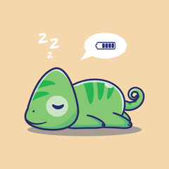 Illustration vector grapich of cute chameleon sleeping with low battery perfect for use in design related to exhaustion, rest, or low energy 