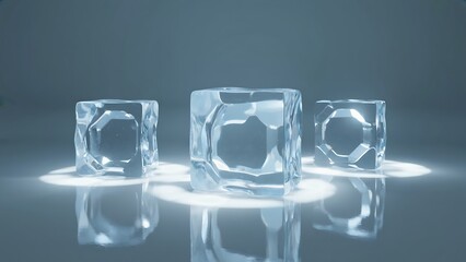 Three Iridescent Glass Cubes on Reflective Surface