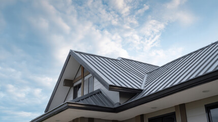 Fototapeta premium Modern house roof with grey metal sheet, shot from below with wide sky and soft white clouds, home exterior design inspiration
