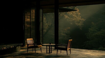 Two chairs and a table sit by a window with outside view