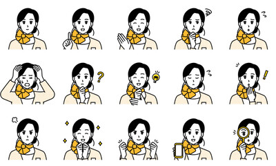 表情とポーズで感情を表す制服を着た女性のイラストセット