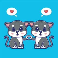 Cartoon illustration of two cute kitten holding hands in a love shape, adorable and heartwarming 