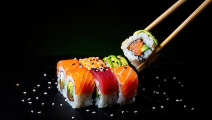 Assorted Sushi Rolls on Black Plate  
