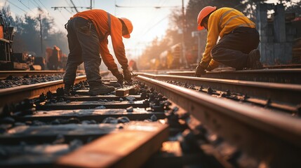 Railroad Workers Repairing Tracks at Sunset