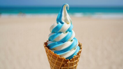 Swirled Soft-Serve Ice Cream Cone on Sandy Beach  
