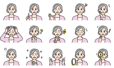 表情とポーズで感情を表すカジュアルな高齢女性のイラストセット