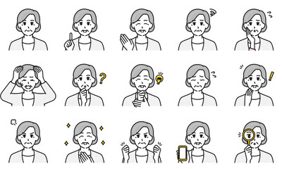 表情とポーズで感情を表すカジュアルな高齢女性のイラストセット