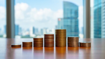 Stacked Coins with Modern City Background  
